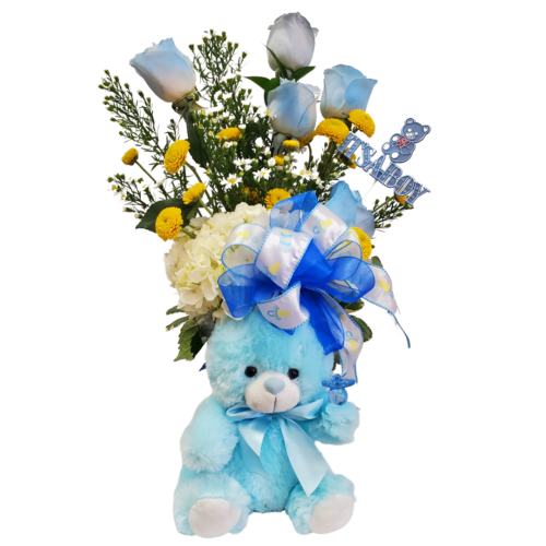 Baby Boy Flower Arrangement blue teddy bear