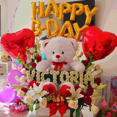 Personalized Happy Birthday Flower Arrangement with Letters with Teddy Bear