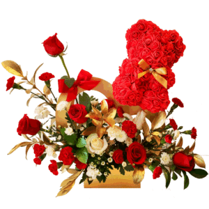 Gold-Basket-with-roses-and-a-preserved-roses-bear