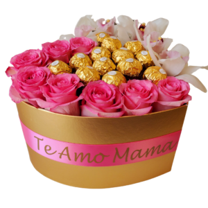 Heart Box with pink roses and Orchids