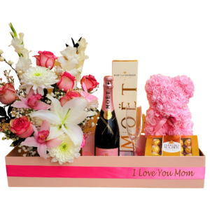 Luxurious Pink Flower Bow with Pink Teddy Bear and Chocolates