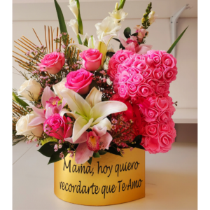 Personalized Box with Pink Bear and Natural Flowers