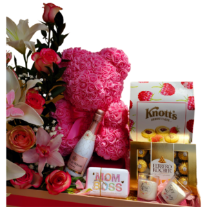 Pink Flower Bow with Pink Teddy Bear and Chocolates 2