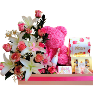 Pink Flower Bow with Pink Teddy Bear and Chocolates