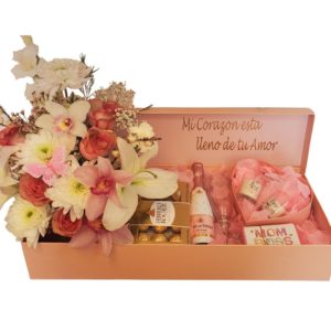 Pink box with flowers chocolates and champagne2