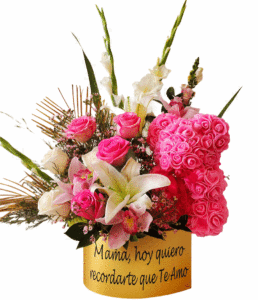 Personalized box with pink bear y natural Flowers