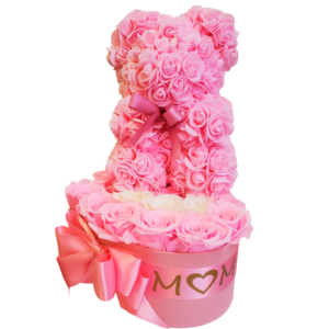 Preserved Pink Roses Heart Box Red with Pink Teddy Bear