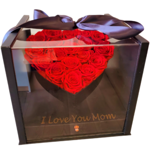 Preserved Red Roses in a Black Heart Box