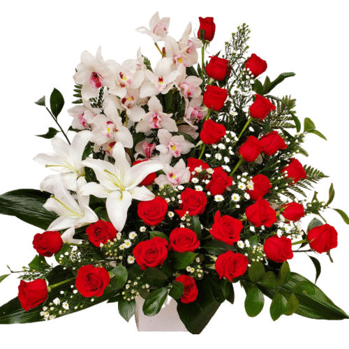Red-Roses-Cascade-with-Orchids-and-Lilies-Cascade-2