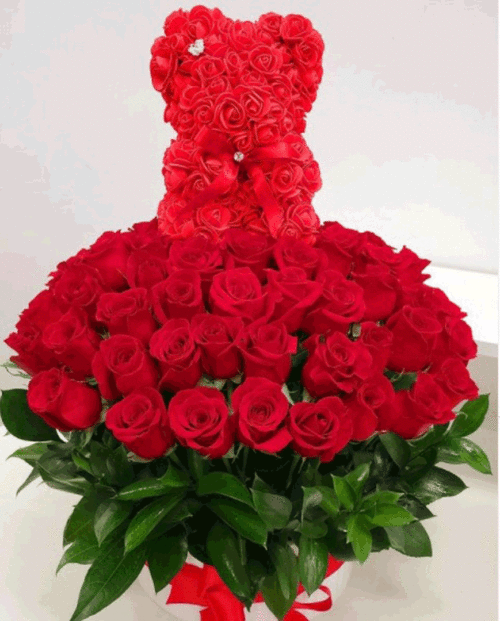 Red Teddy Bear with Red Roses
