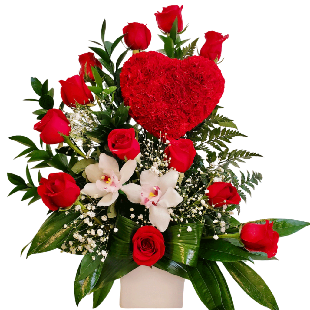 Red Roses And Orchids With A Beautiful Heart Made With Natural Flowers
