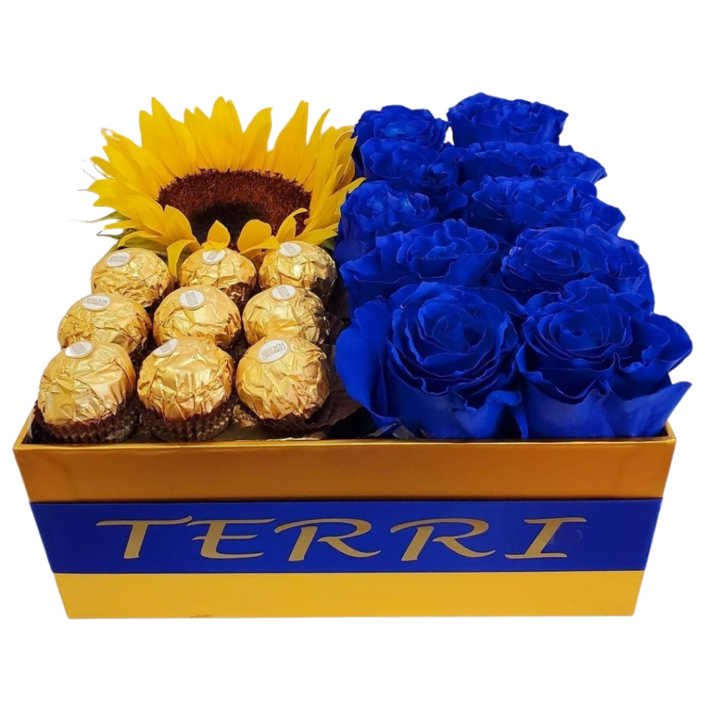 Gifts for him blue Roses sunflower and chocolates
