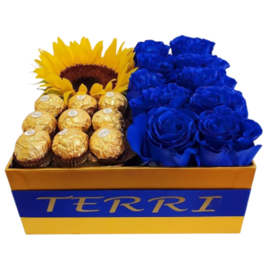 Gifts for him blue Roses sunflower and chocolates