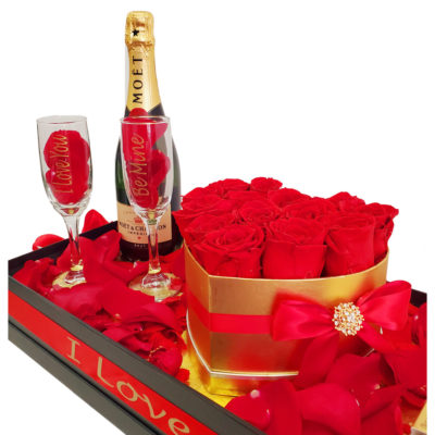 V006 - Luxury Box Decorated With Red Roses, Moet, Big Teddy Bear And Personalized Champagne Glasses