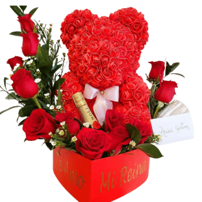 Personalized Heart Box With red Roses, Bear And A Box