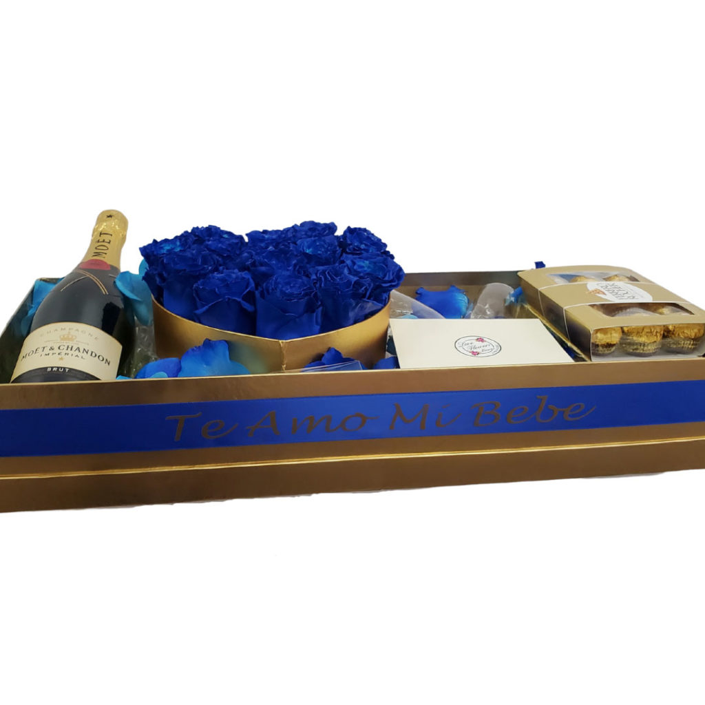 luxurious gold box with champagne blue roses