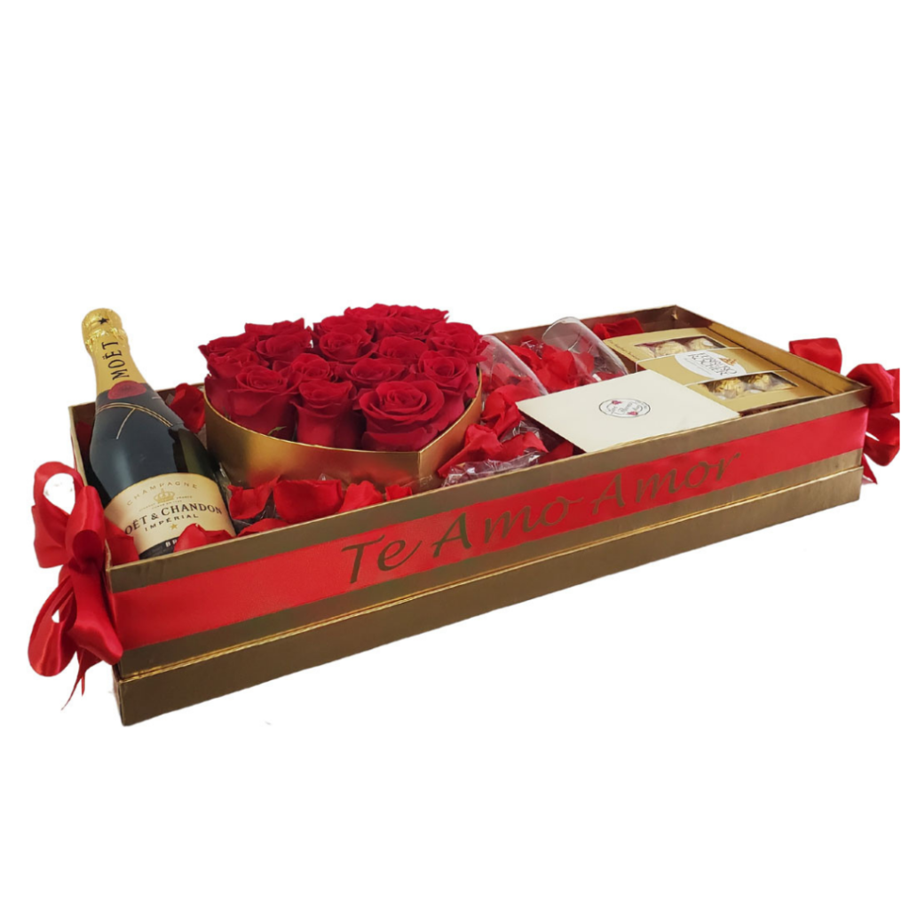 luxurious personalized gold box with red roses plus champagne