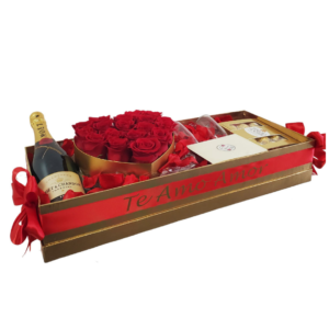 luxurious personalized gold box with red roses plus champagne