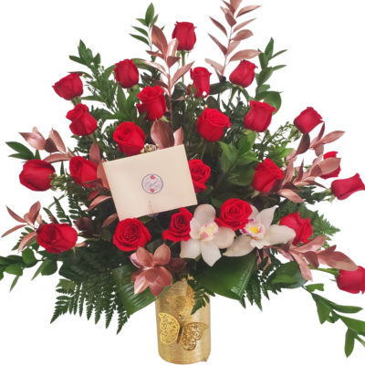 red roses and orchis
