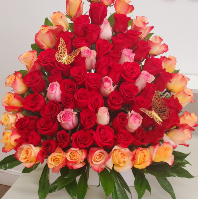 triangle of red and pink roses a special arrangement