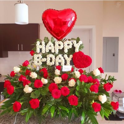 Happy Bday Flower Arrangement with red and white roses