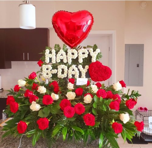 Happy Bday Flower Arrangement with red and white roses
