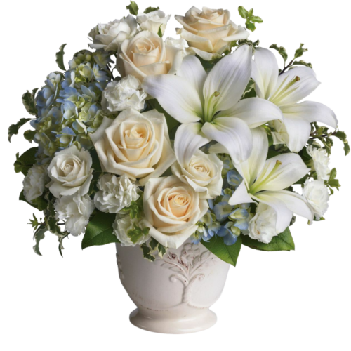 Pure Love Funeral Basket. Beautiful flower arrangement made with White Roses, Lilies and Baby Breath.