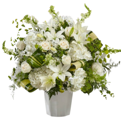 floral arrangement with lilys ortencia roses white carnations, alpidista and snack dragon