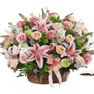 funeral basket with pink roses and lilies