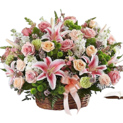 funeral basket with pink roses and lilies