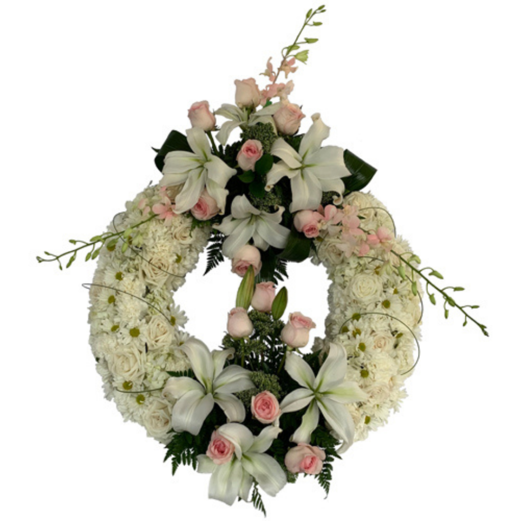 Wreath-decorated-with-Lilies-and-pink-roses