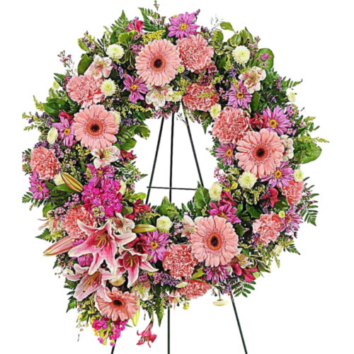 pink crown with variety of flowers, lilies atromelia pink gervera white buttons and more