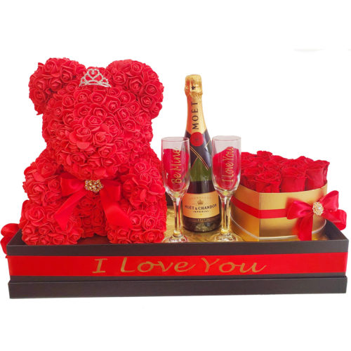 Luxury-Flower-Box-Champagne-Red-Roses-Flower-Bear