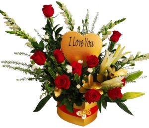 Red-Roses-Lilies-Personalized-Flower-Arrangement