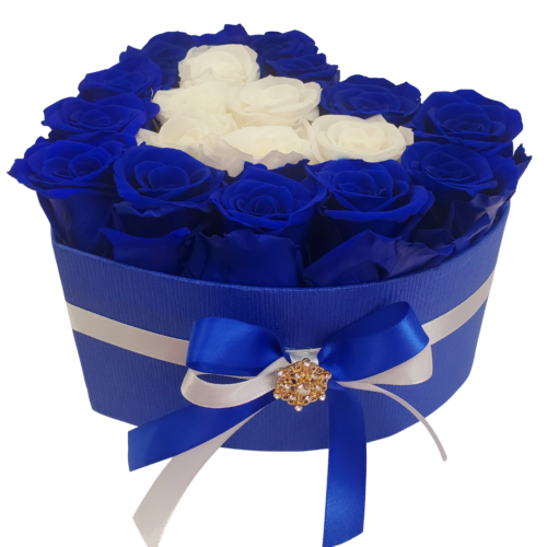 Blue and white 2 Preserved Roses that last year in a heart box