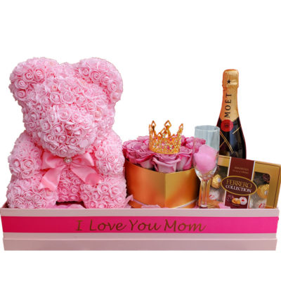 Big-Pink-Flower-Bear-with-Flowers-Champagne-and-Choclolates-Bombons