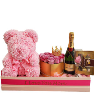 Big-Pink-Flower-Bear-with-Flowers-Champagne-and-Choclolates-Bombons