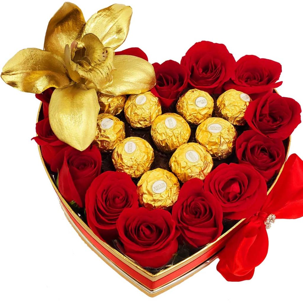 Luxurious-Small-Hert-Box-with-Roses-Gold-Orchid-and-chocolates