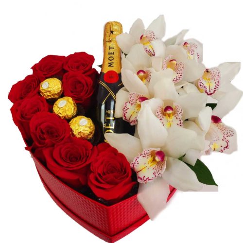 Luxury-flower-gold-box-with-red-roses-orchids-chocolate-and-champagne