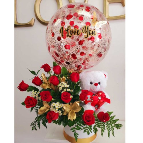 Red-roses-teddy-bear-and-balloon-flower-arrangement
