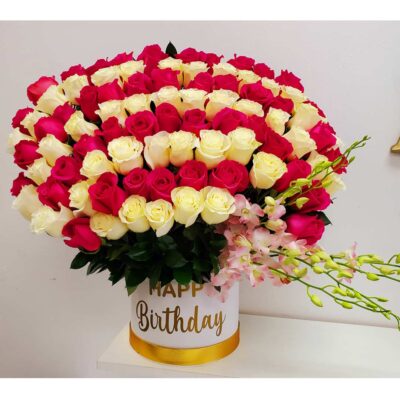 Beautiful-Red-and-White-Roses-Bouquet-decorated-with-Dendrobium-Orchids