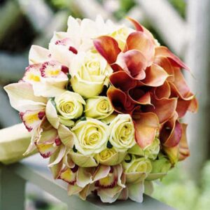 Bridal-Wedding-Bouquet-Apricot-Mini-Calla-Lillies,-Ivory-Roses-and-Green-Cymbidium-Orchids