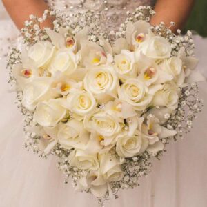 Wedding-Bouquet-Ivory-Roses,-Cymbidium-Orchids-and-Baby-Breath