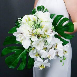 Bridal-Wedding-Bouquet-White-Phalaenopsis,-Calla-Lillies-and-Roses