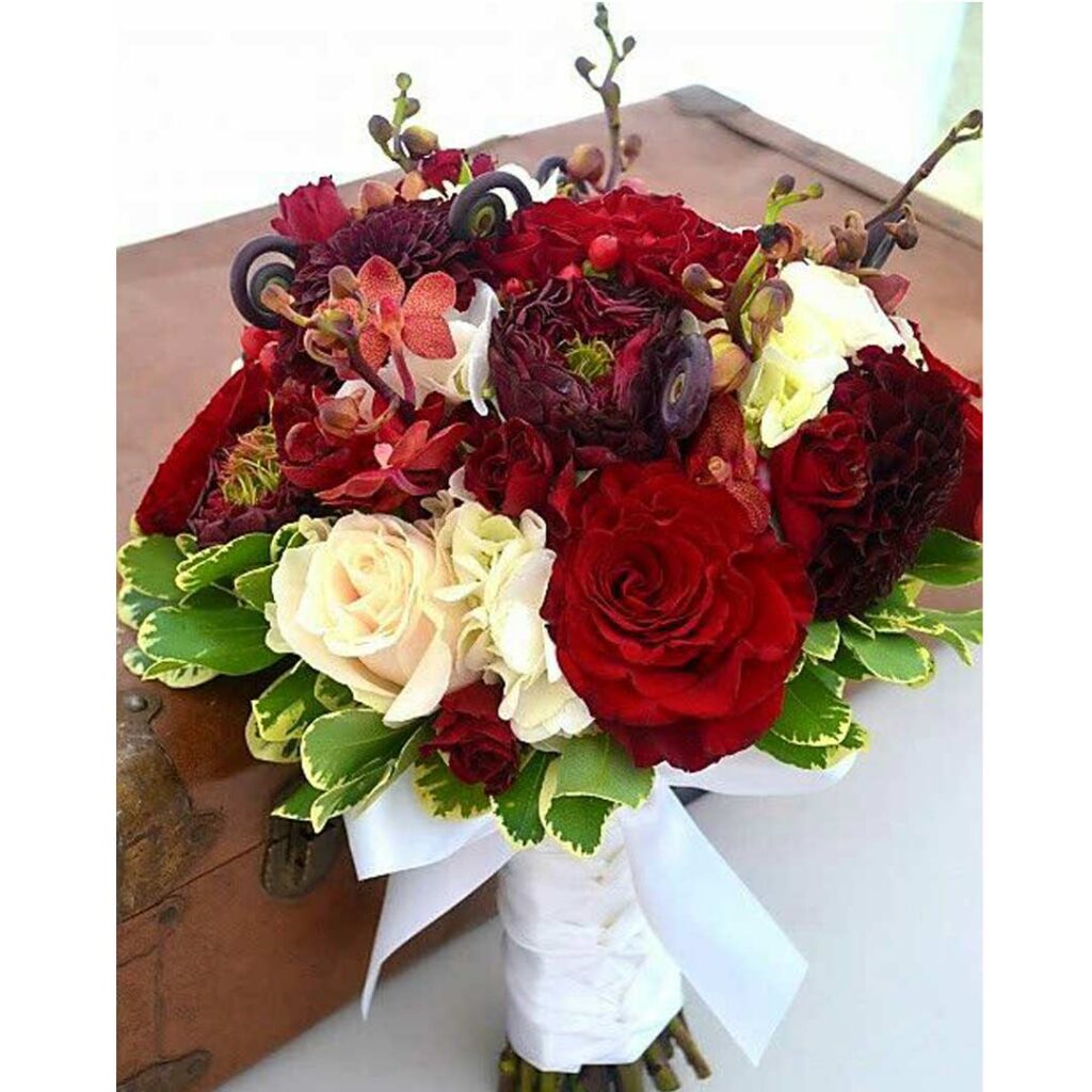 Bridal-Wedding-Bouquet-of-Red-Roses,-Red-Mini-Orchids