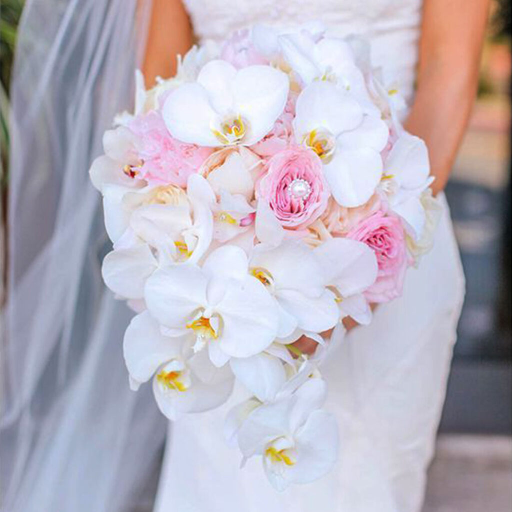 Wedding-Bouquet-Decorated-with-White-Phalaenopsis-and-Pink-Peonies