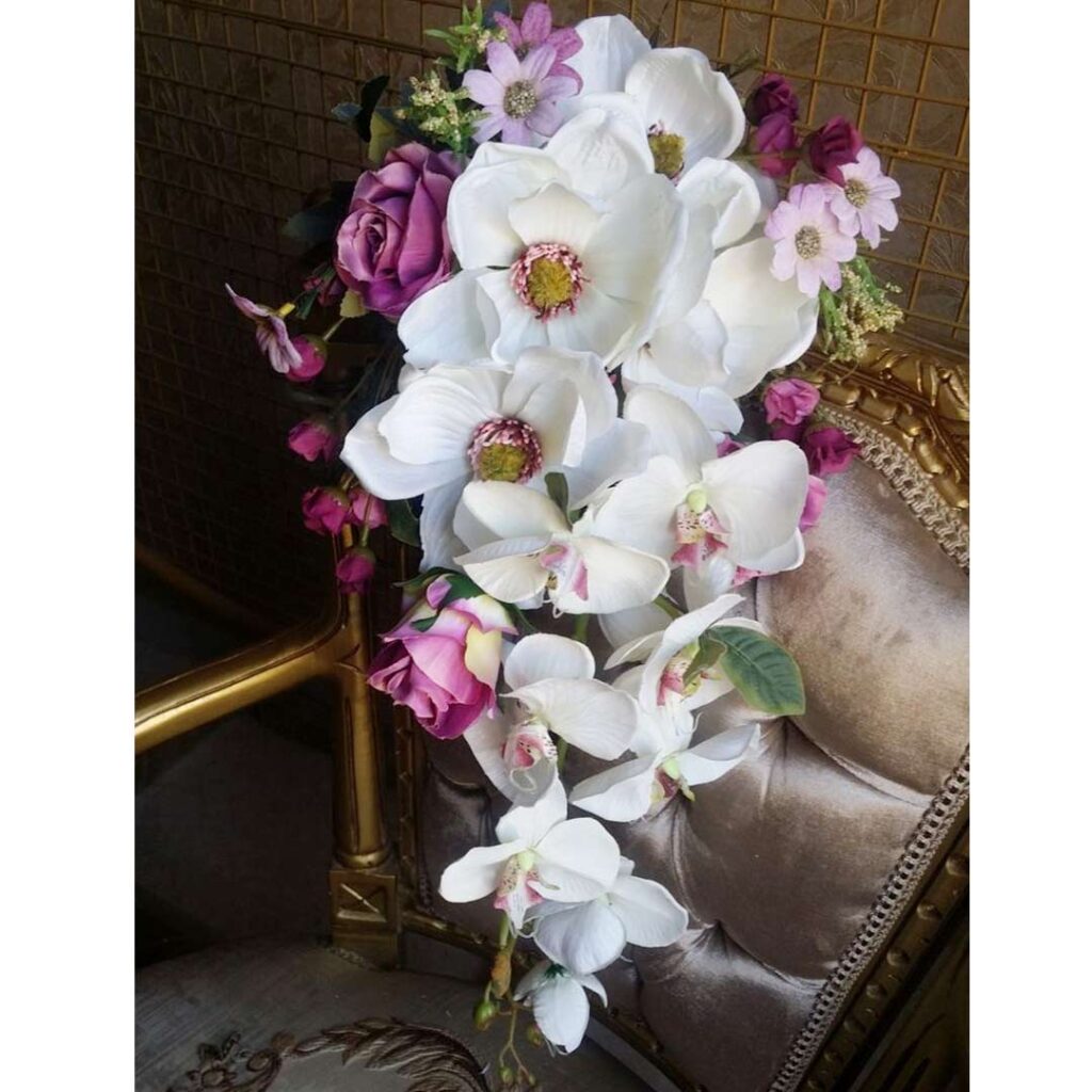 Bridal-Wedding-Bouquet-White-Phalaenopsis,-Purple-Mini-Roses,-Lavender-Mini-Daisies
