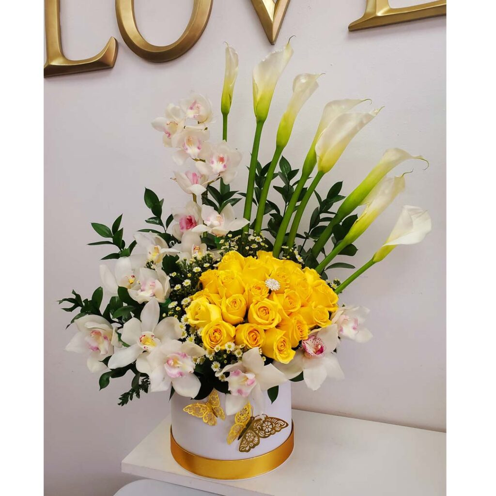 Flower-Arrangement-with-Orchids,-Yellow-Roses-and-Calla-Lily