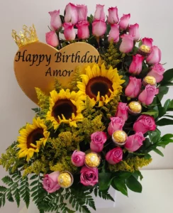 Personalized Flowers Arrangement Golden Heart Double Pink Roses's Cascade, Sunflowers and Chocolates