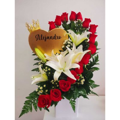 Personalized-Flowers-Arrangement-Golden-Heart-and-Cascade-of-Red-Roses-and-Lilies